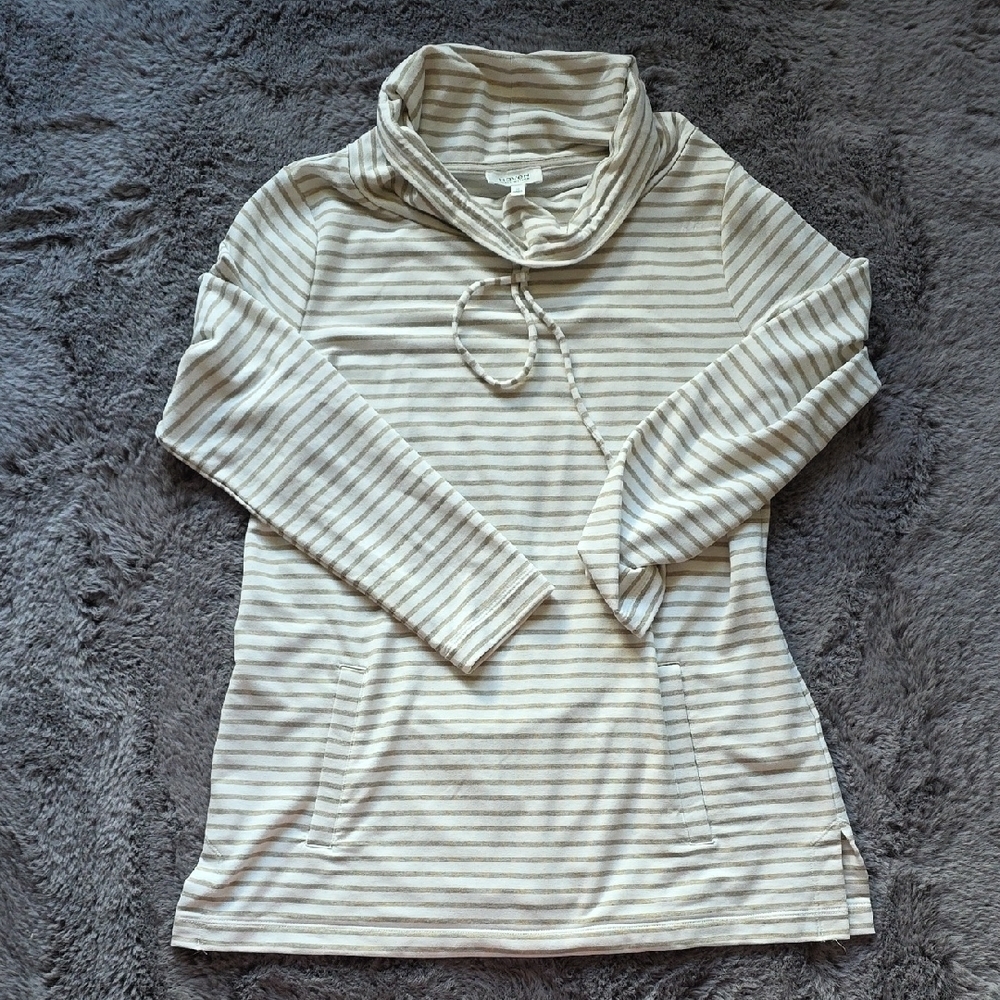 HAVEN Well Within Cream and TAN Cowl Neck TUNIC Sweater with Stripes Medium